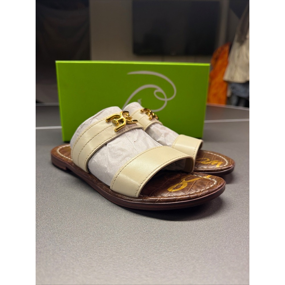 Sam Edelman Adaley Ivory Leather Double Strap Slide Sandals Gold Hardware NIB - Picture 6 of 6